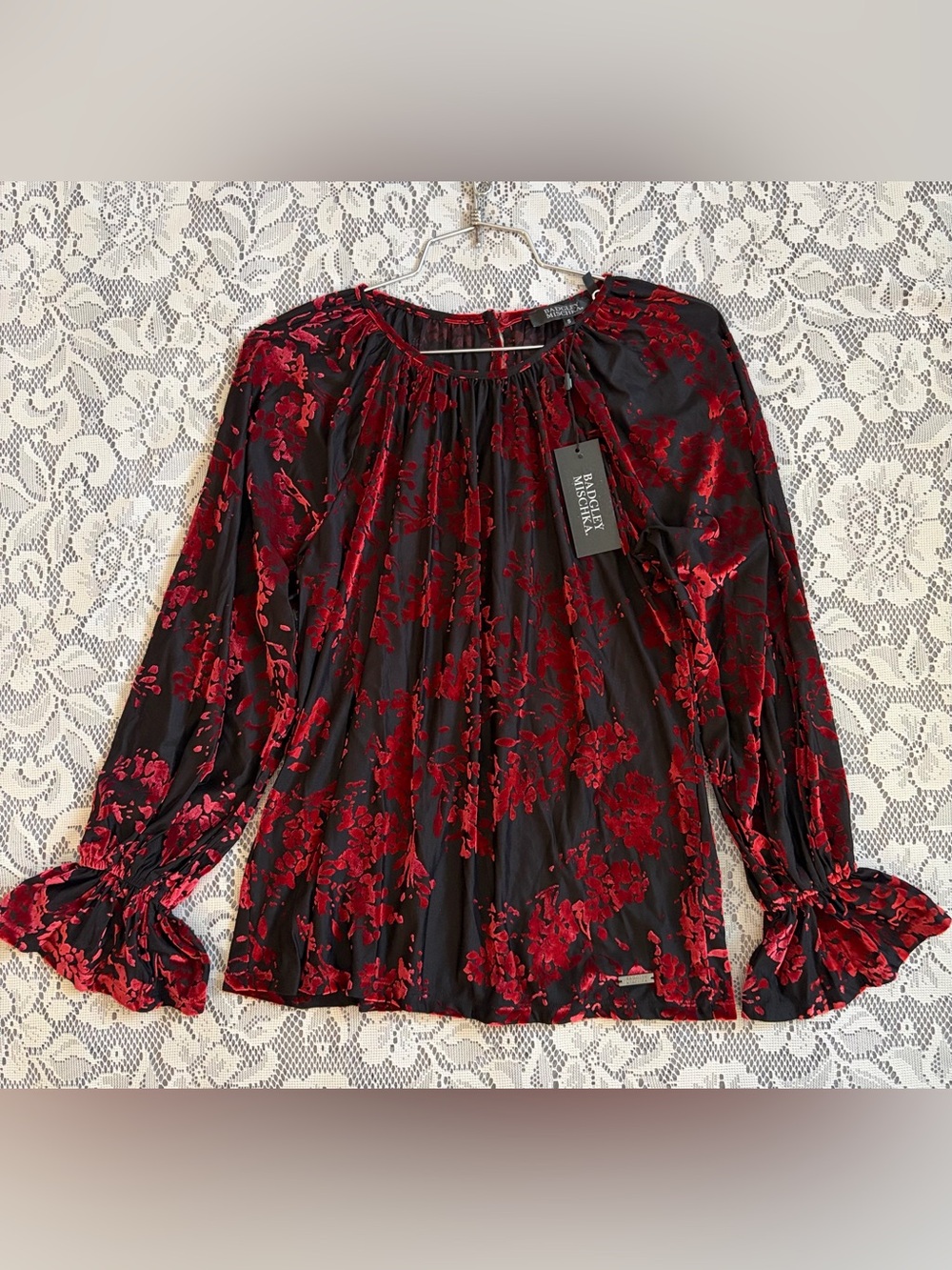 Badgley Mischka Red Velvet Burnout Floral Peasant Flared Bell Sleeve Top